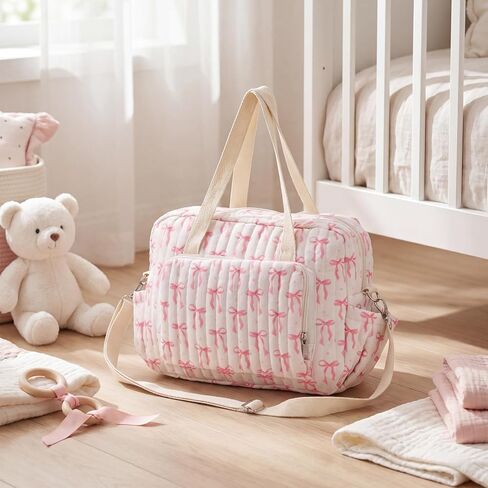 Tallew Small Diaper Bag Tote, Pink Bow Quilted Crossbody Diaper Bag Mom Tote with 6 Pockets and 2 Bottle Pockets Lightweight Nylon Travel Purse for Mom and Dad in Kuwait