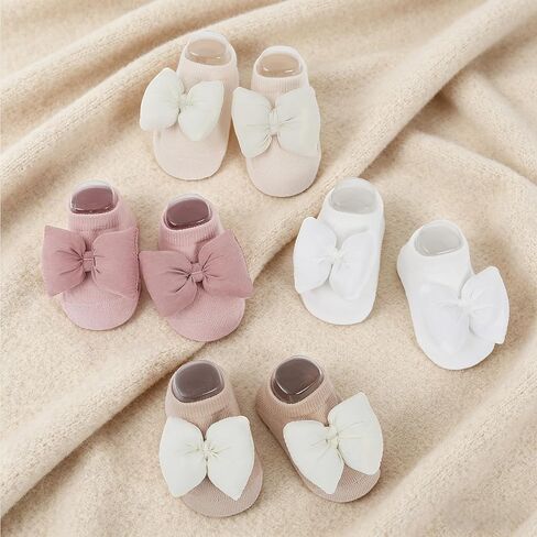 Urban Virgin 4 Pack Baby Girl Non-Slip Socks With Grips Infant Low Cut Ankle Socks Cotton Socks 0-6 Months With Bowknot in Saudi Arabia