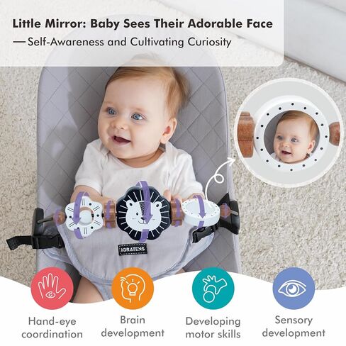 iGRATENS Baby Bjorn Bouncer Toy Bar، نموذج جديد للعبة خشبية مع مرآة لكرسي الأطفال الناعم والنعيم، سهلة التركيب والإزالة، مادة صديقة للأطفال، ألعاب التعرف المبكر باللونين الأبيض والأسود، أسد in Kuwait