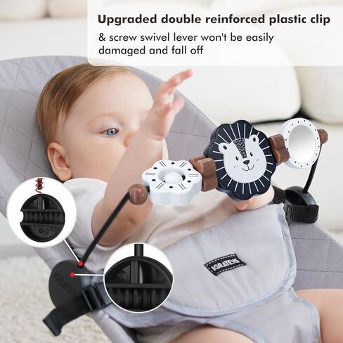 iGRATENS Baby Bjorn Bouncer Toy Bar، نموذج جديد للعبة خشبية مع مرآة لكرسي الأطفال الناعم والنعيم، سهلة التركيب والإزالة، مادة صديقة للأطفال، ألعاب التعرف المبكر باللونين الأبيض والأسود، أسد in Kuwait