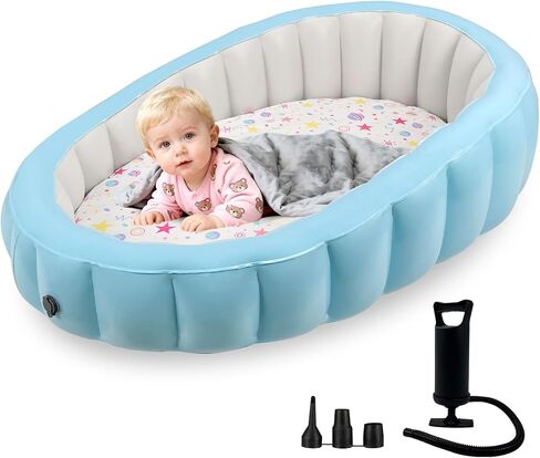 Toddler Inflatable Travel Bed with Removable Air Mattress & Cotton Cover, Portable Kids Air Bed with Raised Rails, Thick PVC Frame, Dual Safety Valves, Manual Pump Included (Ages 1–8) in Kuwait