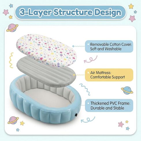Toddler Inflatable Travel Bed with Removable Air Mattress & Cotton Cover, Portable Kids Air Bed with Raised Rails, Thick PVC Frame, Dual Safety Valves, Manual Pump Included (Ages 1–8) in Kuwait