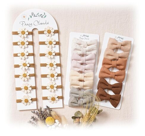 28 pcs Baby Toddler Girl Hair Ties with Bows and Daisy Flower, Neutral Linen Boutique Ouchless Hair Accessories for Girls' Fine Hair, No Damage Soft Elastic Pigtails Ponytail Holders in Kuwait