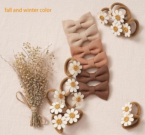 28 pcs Baby Toddler Girl Hair Ties with Bows and Daisy Flower, Neutral Linen Boutique Ouchless Hair Accessories for Girls' Fine Hair, No Damage Soft Elastic Pigtails Ponytail Holders in Kuwait