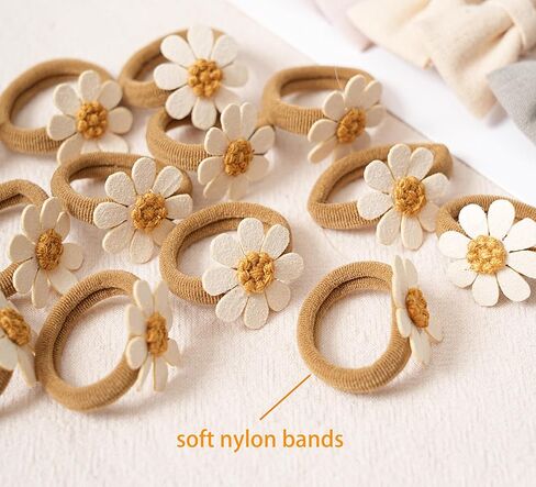 28 pcs Baby Toddler Girl Hair Ties with Bows and Daisy Flower, Neutral Linen Boutique Ouchless Hair Accessories for Girls' Fine Hair, No Damage Soft Elastic Pigtails Ponytail Holders in Kuwait
