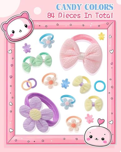 jollybows 84PCS Baby Girls Hair Bows Ties, Mini Hair Claw Clips Flower Clips, Toddler Hair Accessories Candy Colors Nylon Hair Tie Elastic Scrunchies Ponytail Holders for Kids Infants in Kuwait