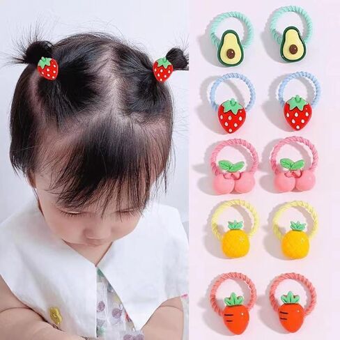 20pcs Toddler Hair Ties Cartoon,Flowers, Fruits Style with Rubber Band for Girls,No Damage Mini Small Elastic Tiny Hair Sruchies,0-6 Years Cute Babys Hair tie Bow,Assorted Colors in Kuwait
