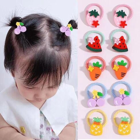 20pcs Toddler Hair Ties Cartoon,Flowers, Fruits Style with Rubber Band for Girls,No Damage Mini Small Elastic Tiny Hair Sruchies,0-6 Years Cute Babys Hair tie Bow,Assorted Colors in Kuwait