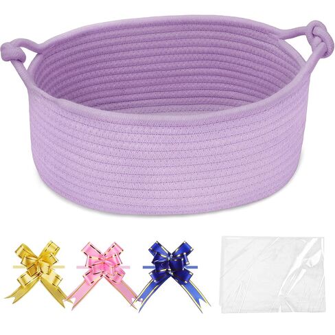 COMSE Gift Basket Empty, Small Woven Basket with Gift Bags and Ribbons, Nursery Bin to Fill with Small Items, Baby, Pet Toy Organizer Box, 12" x 8" x 5", Purple in Kuwait