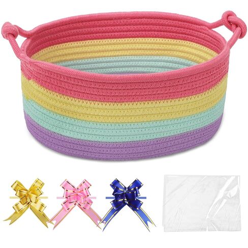 COMSE Gift Basket Empty, Small Woven Basket with Gift Bags and Ribbons, Nursery Bin to Fill with Small Items, Baby, Pet Toy Organizer Box, 12" x 8" x 5", Purple in Kuwait