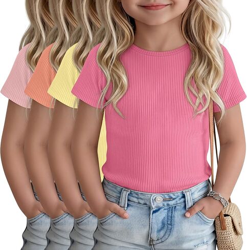 4 Pack Toddler Girls Short Sleeve Shirts Cotton Ribbed Knit Crew Neck Tops Kids Slim Fit Summer Basic Soft Tees in Kuwait