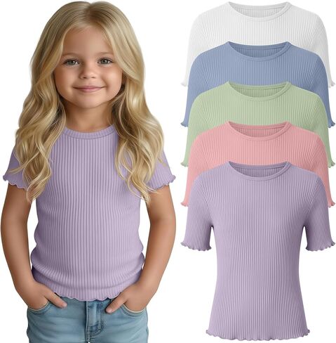 5 Pack Toddler Girl T Shirts Crew Neck Short Sleeve Ribbed Tops Baby Girls Lettuce Trim Cotton Shirts 18M-5T in Kuwait