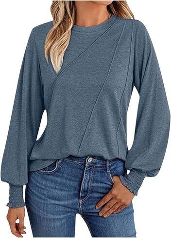 Womens Long Sleeve Tops Fall Fashion Dressy Casual Shirts Crew Neck T-Shirts Tunic Lightweight Outfits Cotton Clothes in Kuwait