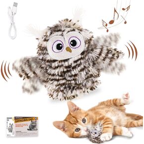 Interactive Flapping Wings Owl Cat Toys,Bird Sound Catnip Toys for Cats,Rechargeable 3 Vibration Modes Indoor cat Toy,for Prevent Boredom