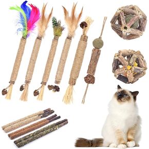 TINDTOP Cat Chew Toys, 12 Pack Silvervine Chew Sticks with 2 Pack Cage Balls for Kittens Teeth Cleaning, Matatabi Dental Care, Increase Appetite, Aggressive Chewers Cat Dental Toy