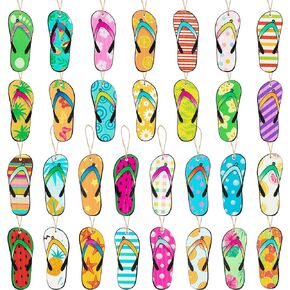 Haooryx 31PCS Summer Flip Flop Hanging Wood Ornaments Decorations Hawaii Beach Slippers Theme Wooden Slices Gift Tags Pendant with Rope Tree Ornament for Home Summer Theme Party Favors Supply