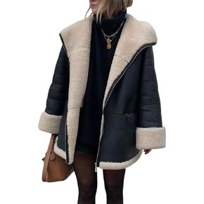 Women's Faux Shearing Moto Bomber Jacket Sherpa-Lined Coat Winter Aviator Leather Coat Outerwear