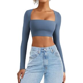 VOYJOY Women's Square Neck Crop Top Workout Tops Long Sleeve Shirts Cropped T Shirts Women Cute Top