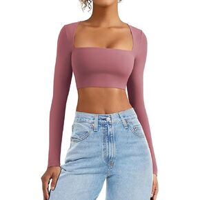 VOYJOY Women's Square Neck Crop Top Workout Tops Long Sleeve Shirts Cropped T Shirts Women Cute Top
