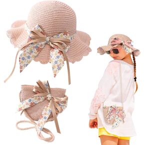 Kids Girl Summer Straw Hat Bag Set Cute Bow Sun Cap Girl Foldable Wide Brim Hat Sun Protection Floppy Beach Cap