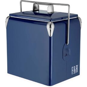 Foster & Rye Stainless Steel Retro Cooler, Vintage Metal cooler, Antique Beverage Chiller and Ice Chest, Plastic Lined Drink Chest, Mounted Bottle Opener, Holds a 6-pack, Navy