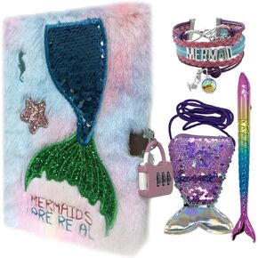 Diary for Girls with Lock, Kids Journal Travel Notebook for Writing, Cute Secret Diary with mermaid Pen,Mini Crossbody Satchel, Bracelet, Practical Gift for Birthday, Christmas (mermaid)