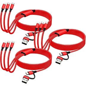 [4FT 3Pack] كابل شحن متعدد 6 في 1 مضفر من النايلون الأحمر، موصلات USB A/C إلى USB-C Lightning Micro لهواتف iphone 15/15Plus/15pro، Sam sung Galaxy S24/S23/S22، OnePlus 9، PS5، iPad Air/ برو، بكسل 9. in Kuwait