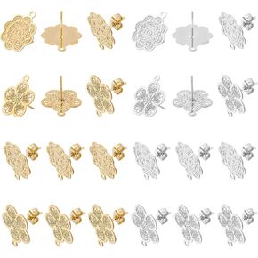 UNICRAFTALE 24pcs 12 Styles Golden Bohemian Stud Earring Findings Stainless Steel Ear Stud Component with Loop Butterfly Stoppers 0.7mm Pin Mixed Shapes Earring for Jewelry Making, Hole 1mm