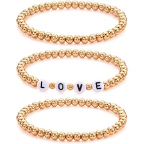 CEALXHENY Beaded Bracelets Stackable Brass Bead Ball Chain Bracelets for Women LOVE Letter Stretch Bracelet Bangles for Men Girls Holiday Valentine’s Gift