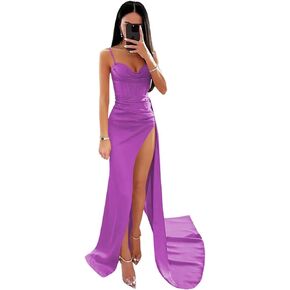 Women's Spaghetti Straps Satin Mermaid Prom Dress Long with Slit Pleated Bodycon Evening Formal Gowns