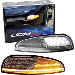 iJDMTOY عدسات مدخنة LED DRL/ليزر مجموعة مصابيح إشارة الانعطاف الأمامية المتسلسلة متوافقة مع 1997-2004 شيفروليه كورفيت C5، زينون أبيض LED لوقوف السيارات/القيادة وميض LED كهرماني كامل