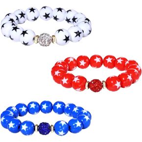 3PCS Independence Day Chunky Beaded Bracelets Patriotic 4th of July Beaded Bracelets Crystal Beaded Bracelet for Women America Flag Red White And Blue Bead Ball Stretch Bracelet Jewelry Gifts