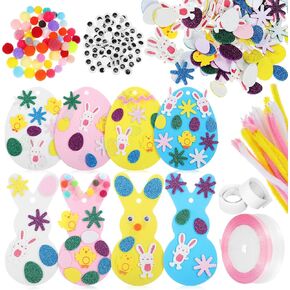 VILLCASE Easter Foam Crafts Kits, Egg Stickers Arts and Crafts with Ribbon Roll Sticker, Egg Bunny Spring Colorful Decorative Crafts Ornaments for Easter Party DIY Crafts Supplies