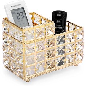 BTSKY Crystal Remote Control Holder 2 Slots Desktop Organizer Multi-Function Desk Stationery Storage Box Decorative Storage Caddy for TV Controllers Office Stationery Makeup Brushes Art Supplies(Gold)