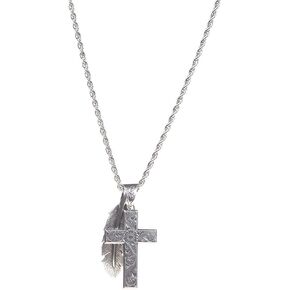 M+F Western Products Silver Cross And Feather Necklace