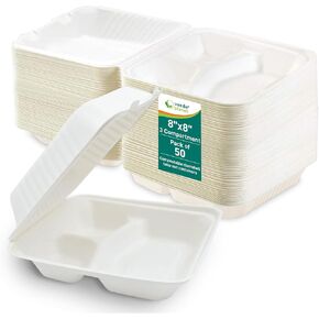 Verde Planet Clamshell Take Out Containers - 100% Natural Bagasse Sugarcane Fiber - Disposable Food Containers with Hinge Lids - Heavy-Duty To Go Boxes for Food - (6" X 6", 1-Compartment, 50-Pack)