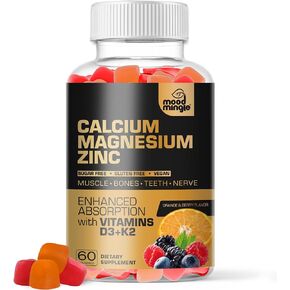 Calcium Magnesium Zinc Supplement Gummies for Kids Toddler & Adults - Enhanced Absorption with Vitamin D3 & K2 - Sugar Free Gluten Free Cal Mag Zinc Vegan Chewable Complex Calcium Gummies