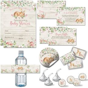 Amanda Creation Little Deer Woodland Girl Baby Shower Party Bundle Includes 20 each of Invitations with Envelopes + 4 Different Sizes of Decorative Stickers, Diaper Tickets & Bring a Book Cards