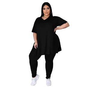 طقم ملابس نسائية من Tycorwd مقاس كبير مكون من قطعتين، قمصان صيفية كبيرة الحجم، بناطيل رياضية طويلة، أطقم بدلات رياضية باللون الأسود-3XL in Kuwait