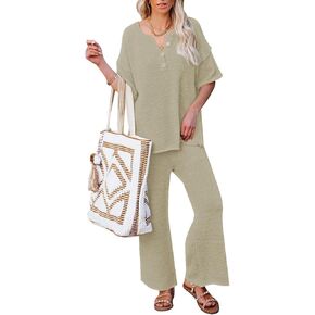 طقم ملابس نسائية من Viottiset مكون من قطعتين وبلوزة بأكمام قصيرة وأزرار وبنطال واسع الساق in Kuwait