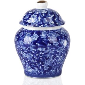 الجرار الزنجبيل الأبيض الأزرق Chinoiserie، جرة الزنجبيل الزخرفية السيراميك مع غطاء، والمزهريات الخزفية ديكور لغرفة المعيشة وغرفة النوم (bossom البرقوق)