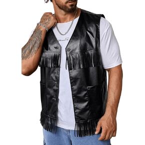 WDIRARA Men's Fringe Trim Pu Leather V Neck Sleeveless Button Party Vest Jacket with Dual Pockets