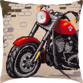 Brvsk Mechanical Needlepoint Kit for Adults and Beginners — Motorcycle 16″ × 16″ with Clear, Precise Printed Design on Cotton Canvas; Includes 2 Needles, Yarn, and Easy-Read Chart