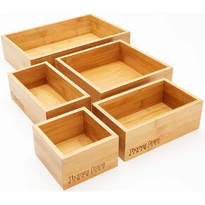 5-Piece Bamboo Storage Box & Organizer Set Multi-sized Set of 5 Drawer Dividers Organizer Boxes for kitchen, office, jewellery, junk, cosmetic, bath, bedroom or Gift.