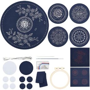 WEBEEDY 5 Set Sashiko Kit DIY, 1 Set Sashiko Tea Mat 4 Sets Sashiko Coaster Kit Sashiko Thread and Needles Embroidery Sewing Set Kit Coaster Making Kit for Beignners
