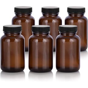 JUVITUS Amber 4 oz Glass Packer Bottle with Black Ribbed Lid (6 pack)