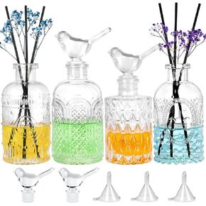Diffuser Glass Bottles Decorative Bottles Vases Set of 4 Empty Clear DIY Fragrance Reed Diffuser Storage Bottle with Reeds Sticks for Home Office Desk Decoration Wedding Valentine Girl Women