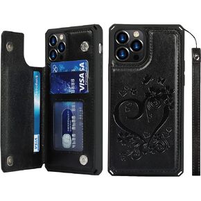 حافظة هاتف iCoverCase لهاتف iPhone 12 Pro Max مع حامل بطاقة، حافظة iPhone 12 Pro Max للسيدات مع حزام [RFID] حافظة جلدية منقوشة مقاومة للصدمات 6.7 بوصة (قلب أرجواني) in Kuwait