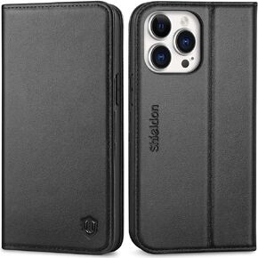 SHIELDON Case for iPhone 14 Pro Max 5G 6.7", Genuine Leather iPhone 14 Pro Max Wallet Case Flip Cover RFID Blocking Card Slots Magnetic Closure Case Compatible with iPhone 14 Pro Max 2022 - Black