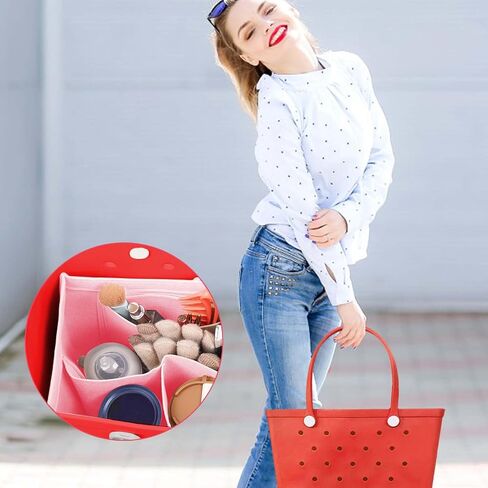 Rubber Beach Bag Organizer Compatible with Bogg Bag/Simply Southern, Felt Tote Organizer Insert with 7 Pockets for Bogg Bag Accessories, Only for Bogg Bag M-Size (Pink) in Saudi Arabia